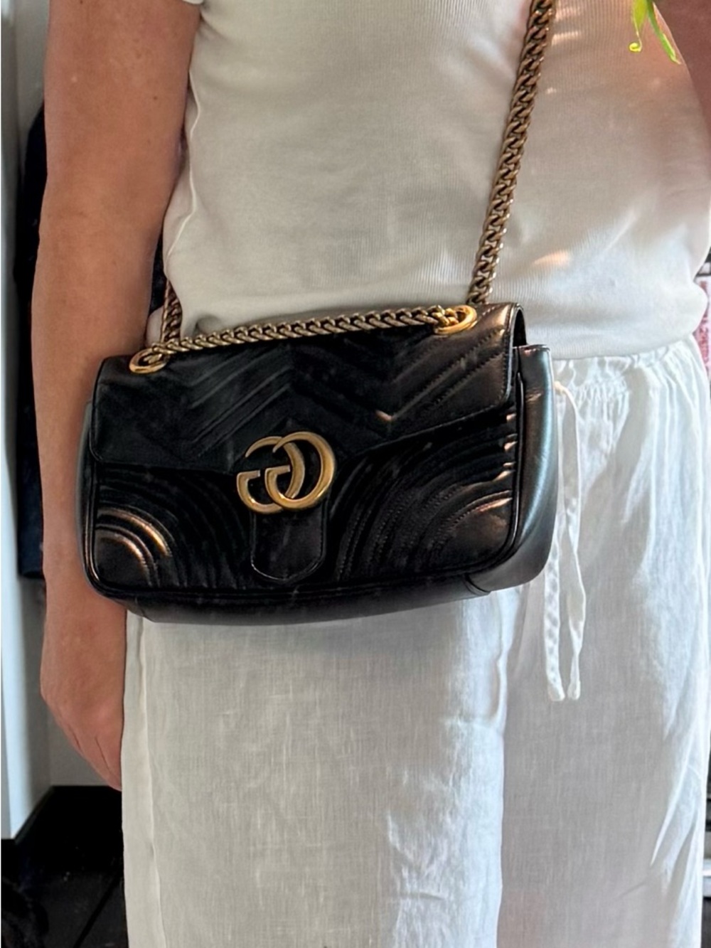 Gucci Marmont Matelassé Black Leather Shoulder Bag, Antique Gold Chain - Picture 10 of 11